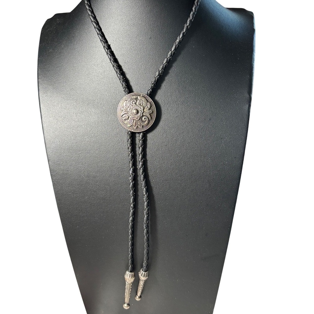Bolo Tie Unisex OS Black Silver Floral Embossed Western Braided Cord